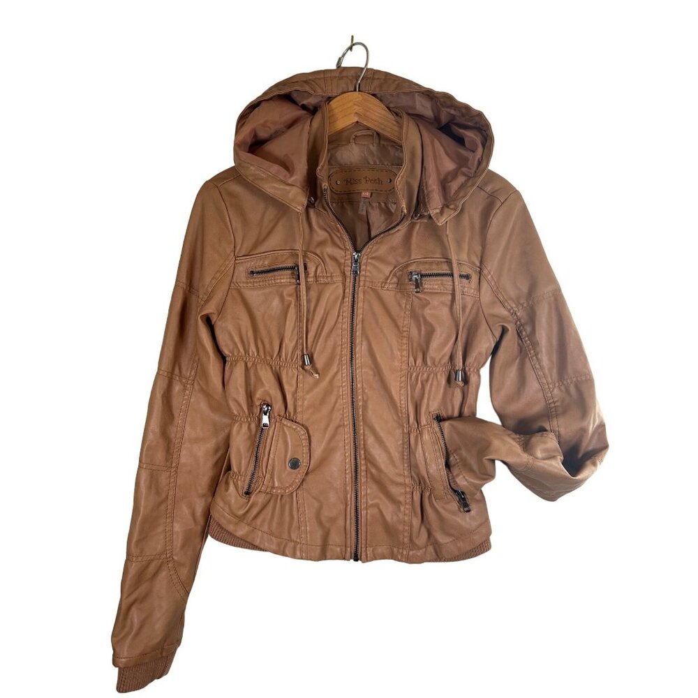 VTG Miss Posh Womens Size L Camel Vegan Faux Leather Zip Jacket Detachable Hood